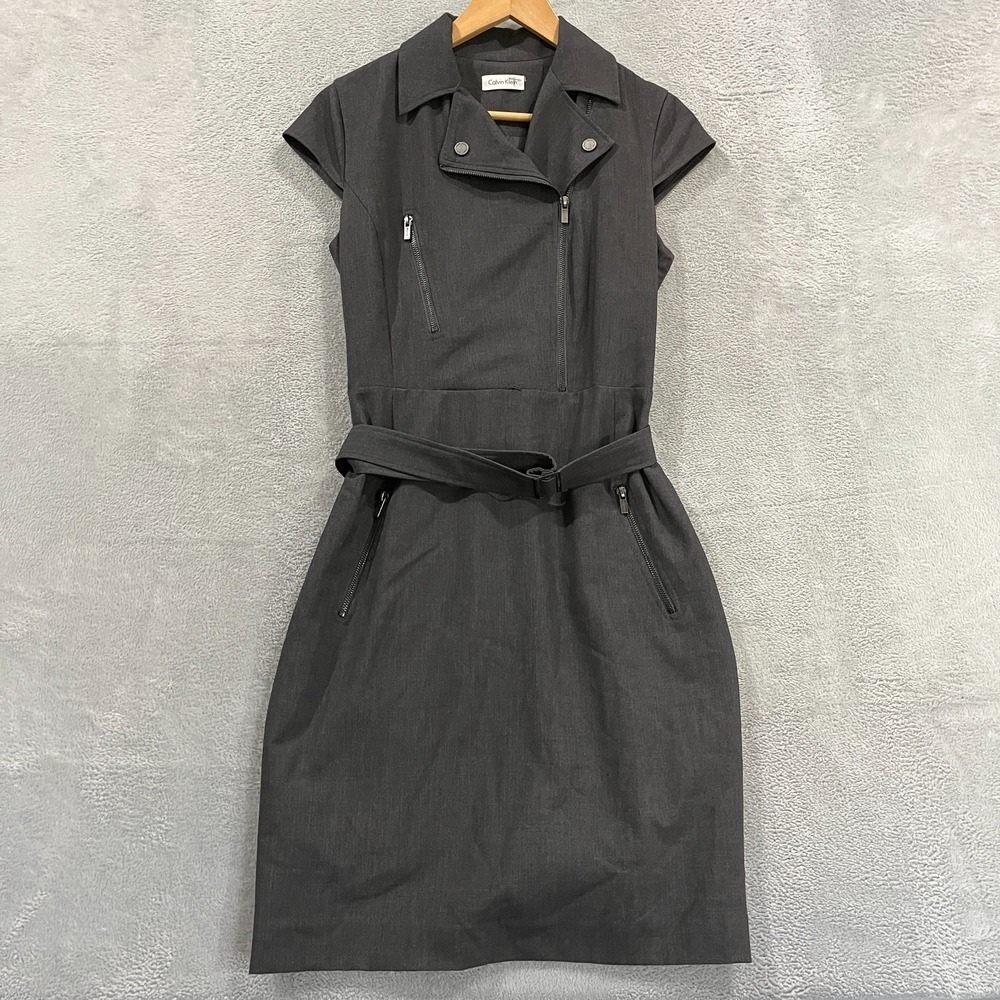 Calvin Klein Dress Womens 6? Office Midi Front Zip Belted Gray Sleeveless Career